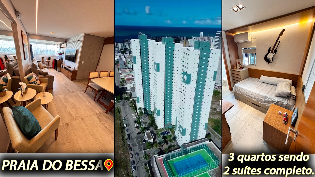 Apartamento com área de lazer e moderno na praia do Bessa, armários projetados e iluminação em led.