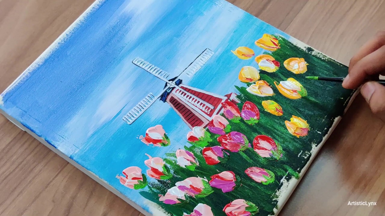 #20 - Beautiful Tulip Flowers / Spoon Technique / Acrylic painting For Beginners / step by step