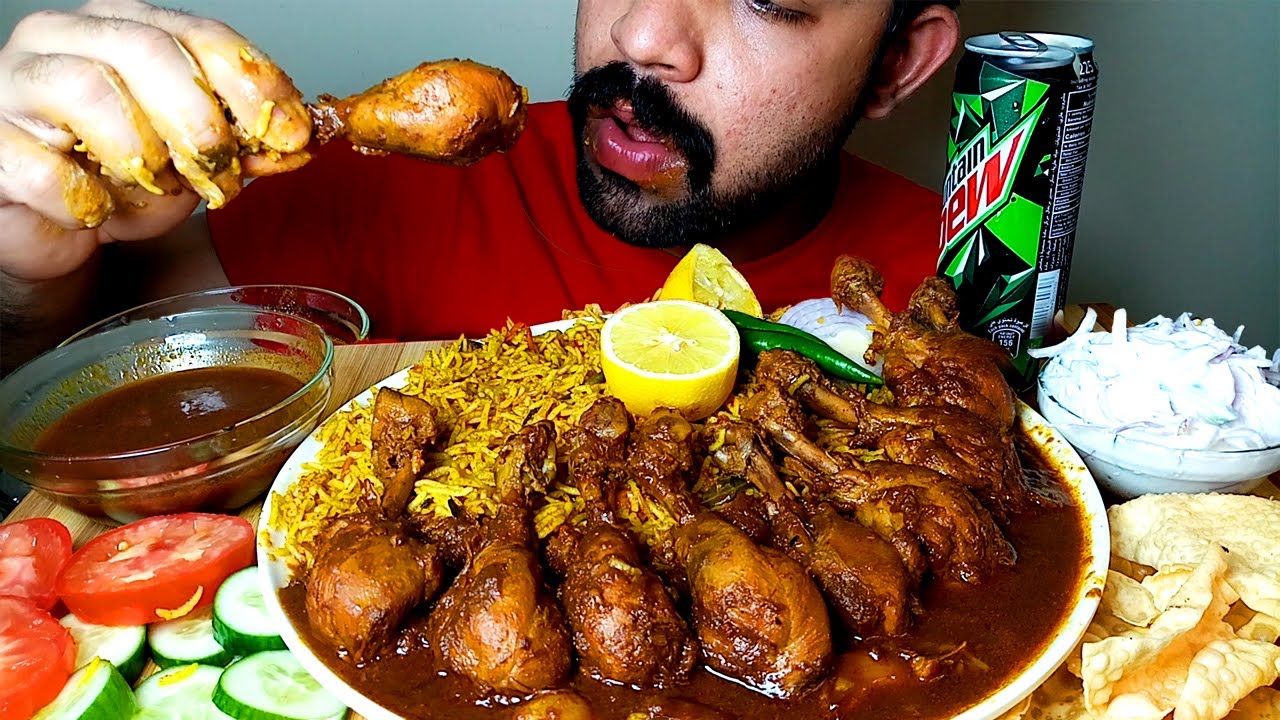 SPICY CHICKEN LEG CURRY || BASMATI PULAO WITH RAITA AND CHILLI EATING SHOW
