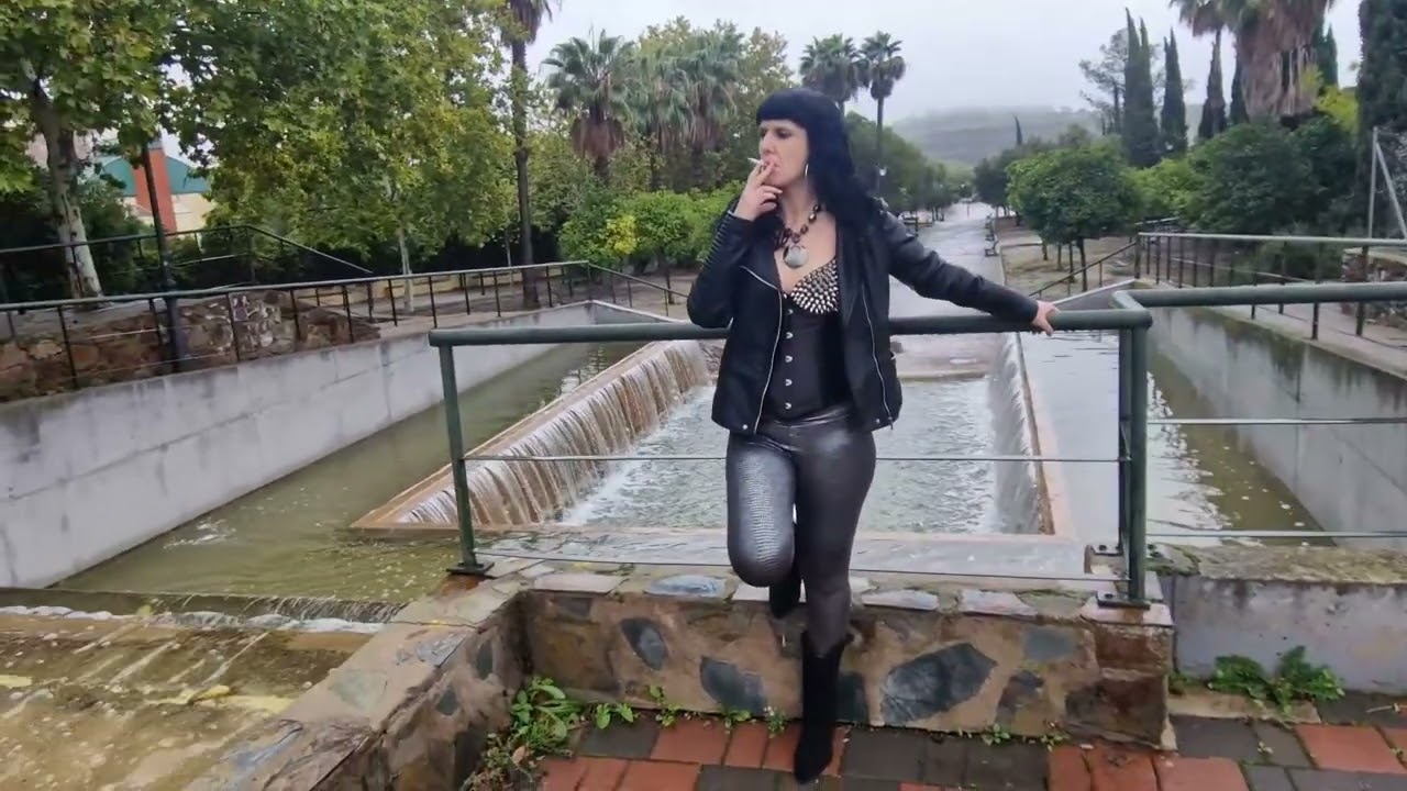 🌟VICTORIA DEVIL-  Leather jacket, silver leggings, underbust corset and studded bra...smoking
