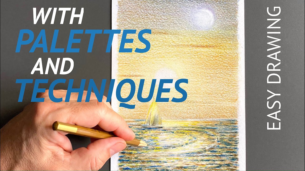 How to draw sailboat at seascape with sun and moon Step by step