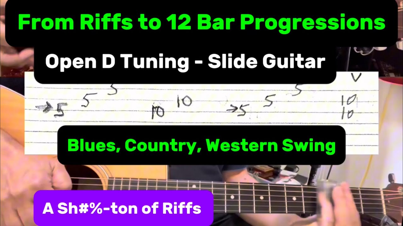 Open D Slide Riffs, 12 Bar Slide Patterns & Rhythms. Blues, Country, Western Swing.  Full Tablature.