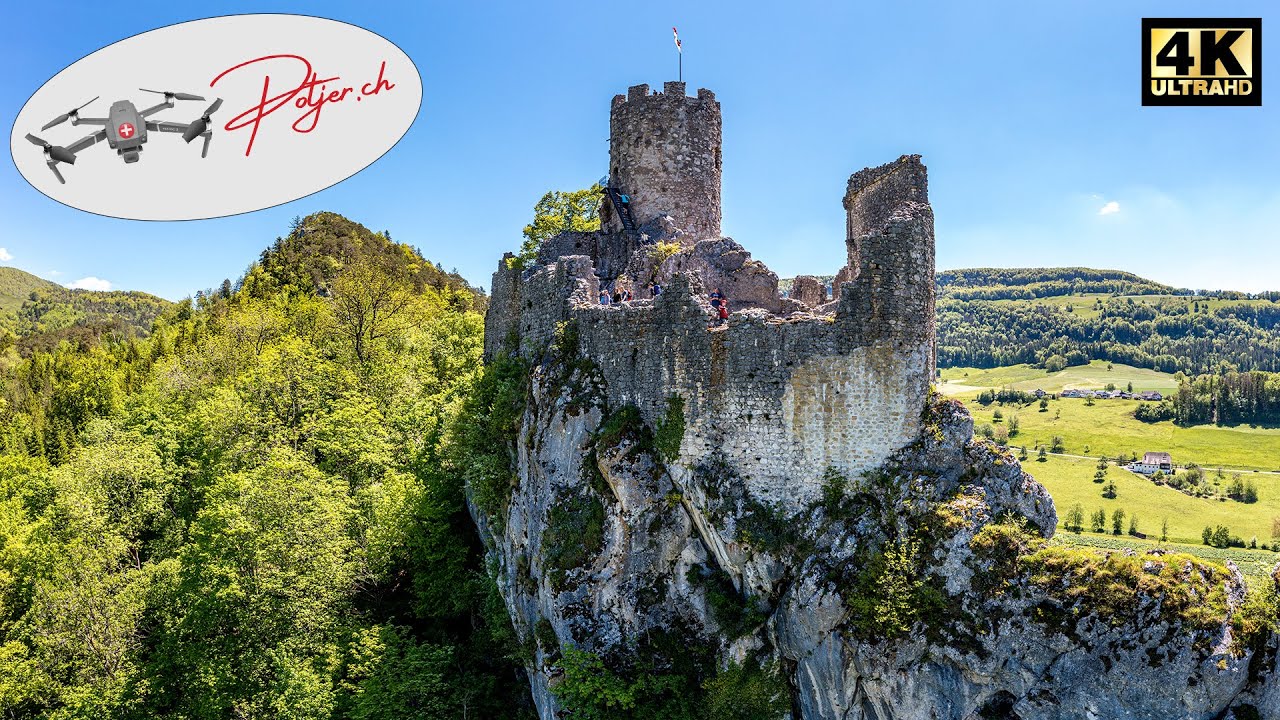 Burg Neu-Falkenstein bei Balsthal im Sonnenaufgang Switzerland 4k by Air Drohnenflug