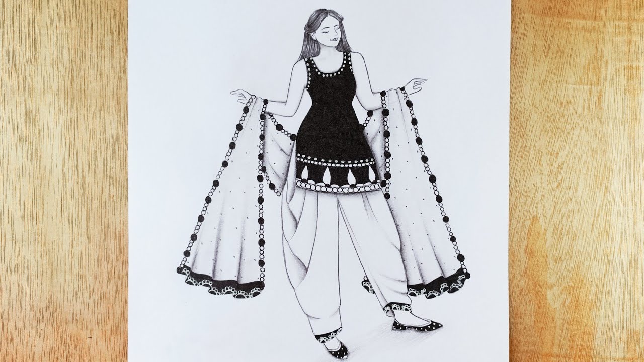 How to draw a girl with salwar suit pencil sketch for beginner/traditional girl drawing/Girl drawing