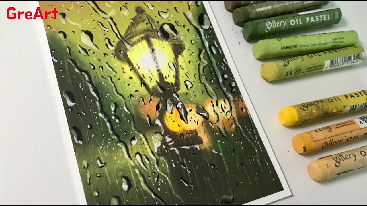 Drawing a Rainy Night with an Oil Pastel 오일파스텔로 비오는 밤 전등 그리기