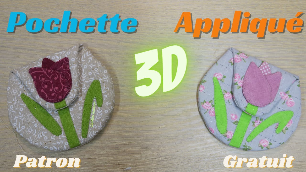 couture d'une pochette et son appliqué tulipe 3D, patron gratuit