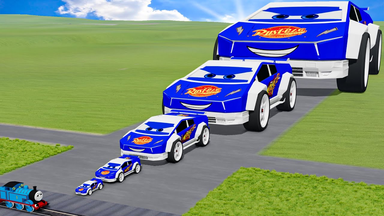 Big & Small Blue Tesla Cybertruck Lightning Mcqueen vs Trains Thomas | BeamNG.drive