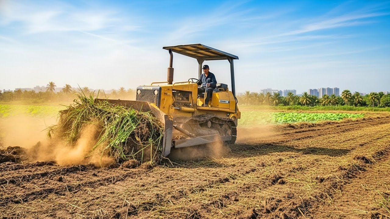 Powerful Crawler Bulldozer Clearing Overgrown Land | Land Reclamation Work Beside a Lotus Wetland