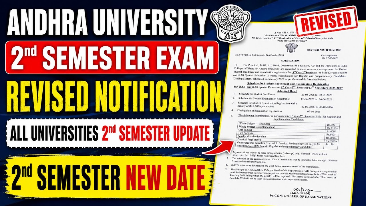 Andhra University 2nd Semester Revised Notification | Andhra B.Ed 2nd Semester Exam Time Table 