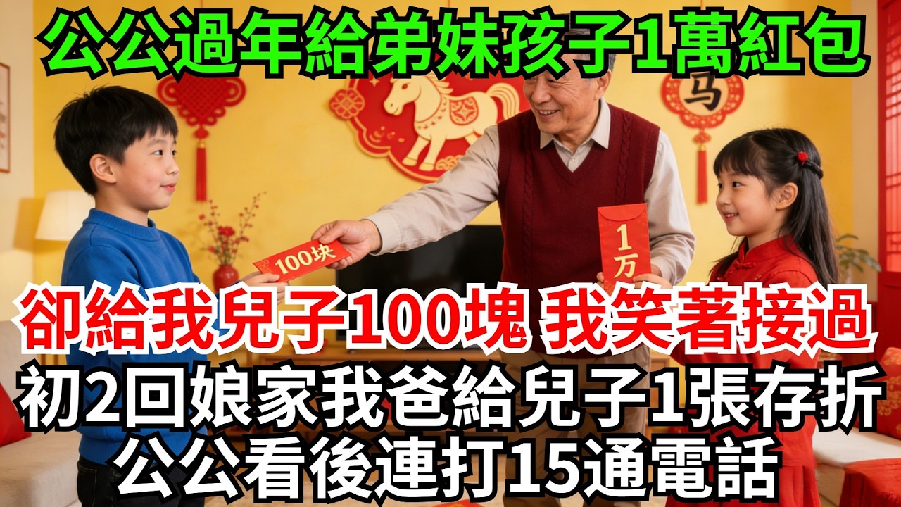 公公過年給弟妹的孩子1萬的紅包，卻給我兒子100塊，我笑著接過，初2回娘家我爸給兒子一張存折，公公看後連打15通電話#完結故事#情感故事#爽文#婆媳關系#家庭生活#故事頻道#故事分享#情感