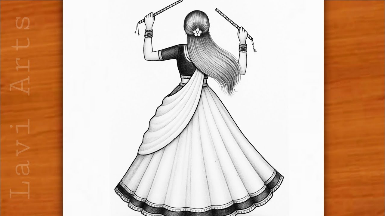 Navratri Special Garba Drawing | Easy Pencil Sketch of Girl Playing Dandiya | Navratri drawing