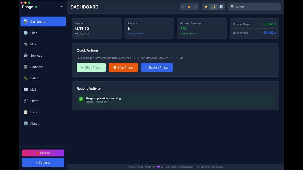 Présentation de l'alpha de Phage, un nouvel environnement de dev local PHP (comme Herd, Laragon...)