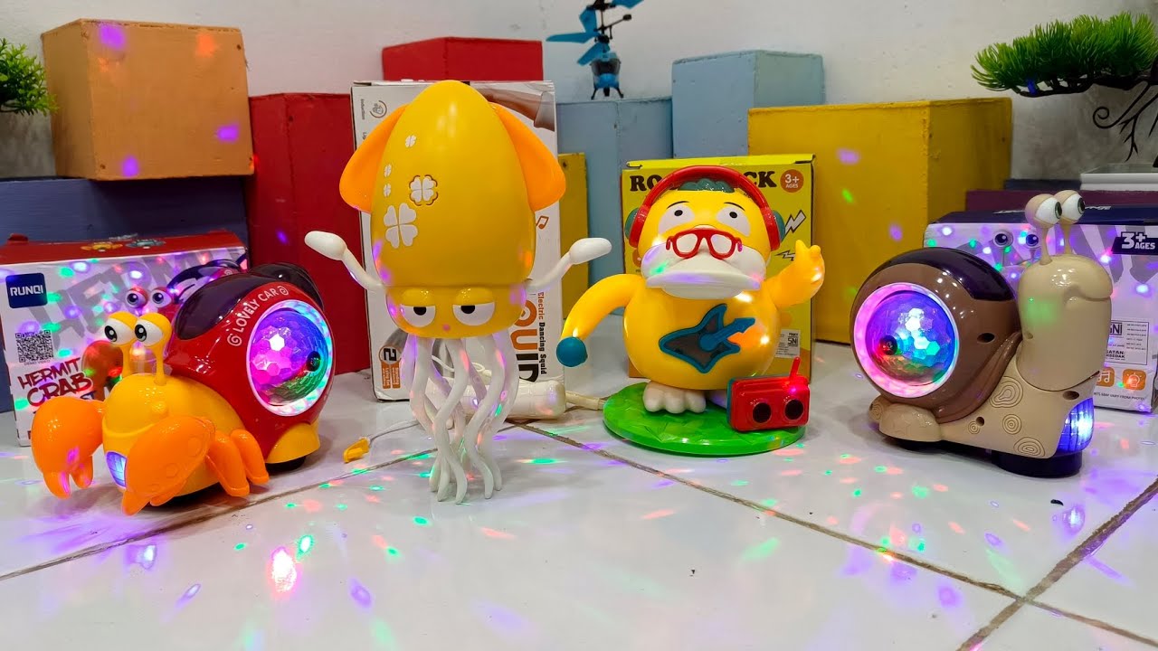 Buka Paket Mainan Robot Cumi Joged, Robot Kelomang Rusak, Robot Siput Dan Robot Bebek Dance