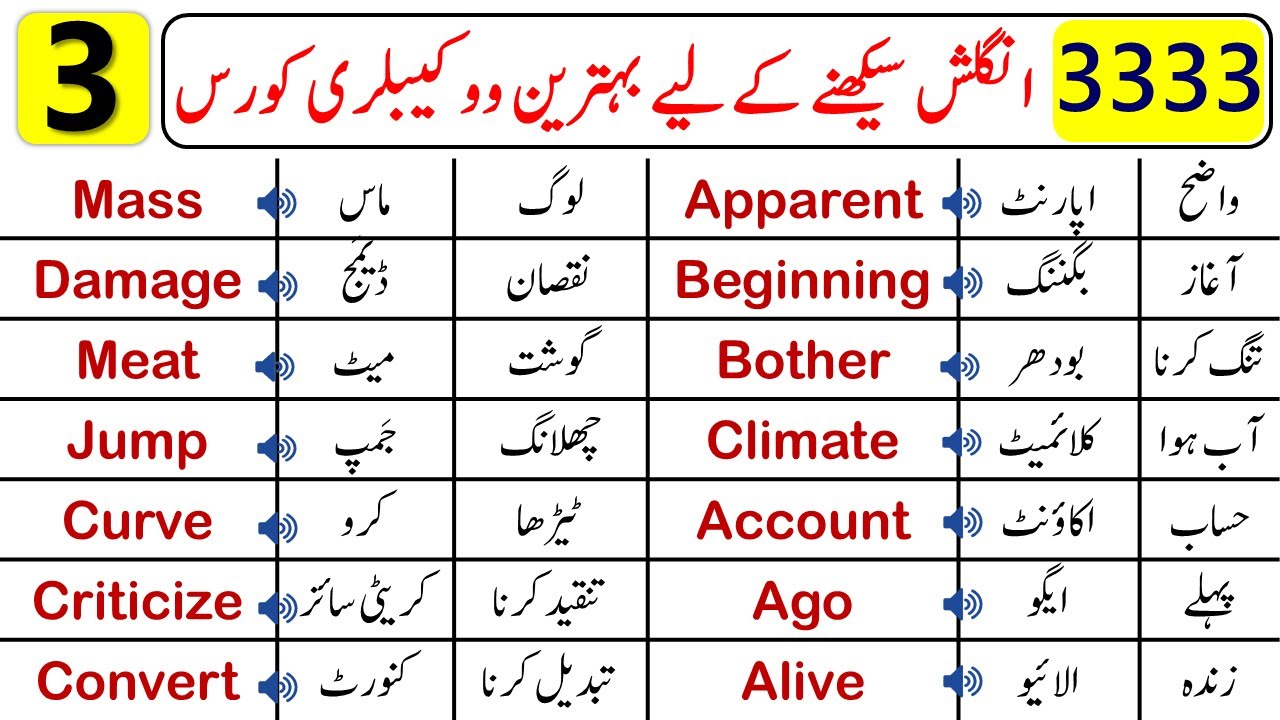 3333 Basic English Vocabulary Words Course in Urdu | Learn English Vocabulary | Class 3