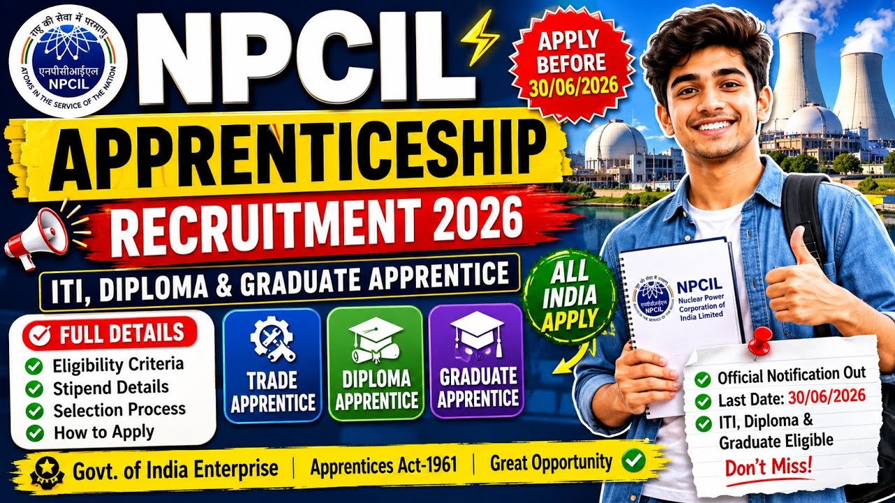 NPCIL Apprenticeship Recruitment 2026 | ITI, Diploma & Graduate Apprentice | Full Details #npcl 
