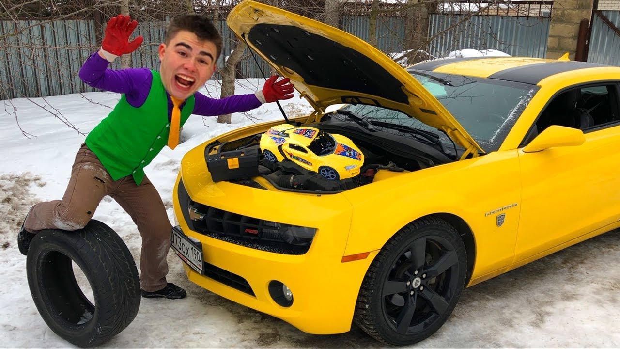 Mr. Joe in Trunk Cars Cadillac CTS-V & Broken Chevy Camaro in Car Service TURNED in Toy Car for Kids