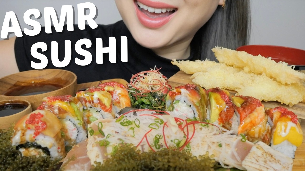SUSHI ASMR *Rainbow Roll, Tuna Tataki, Seagrapes with Shrimp Tempura and Miso Soup NO Talking | N.E