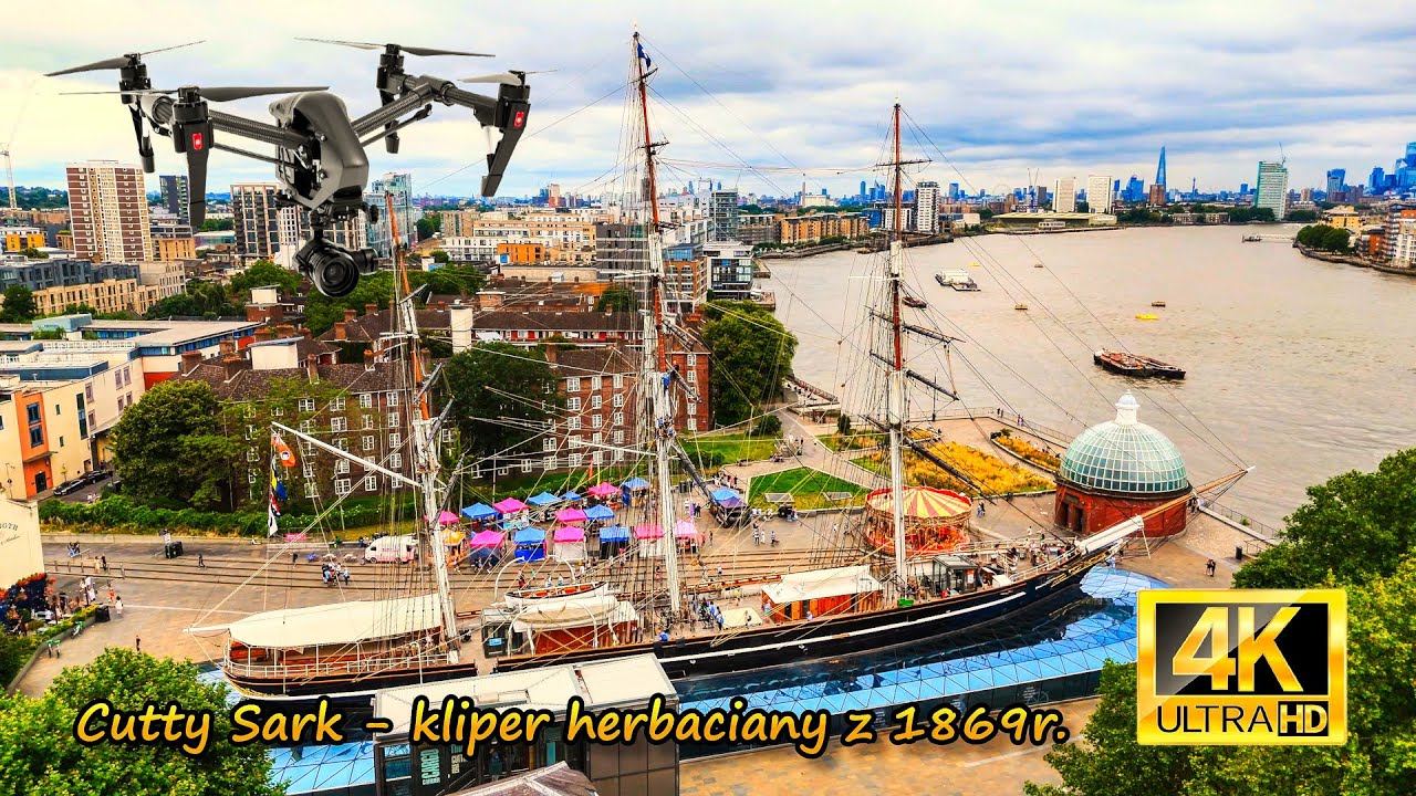 Cutty Sark - kliper herbaciany z 1869 r. wyeksponowany jako muzeum w Londynie (z lotu ptaka, 4K)