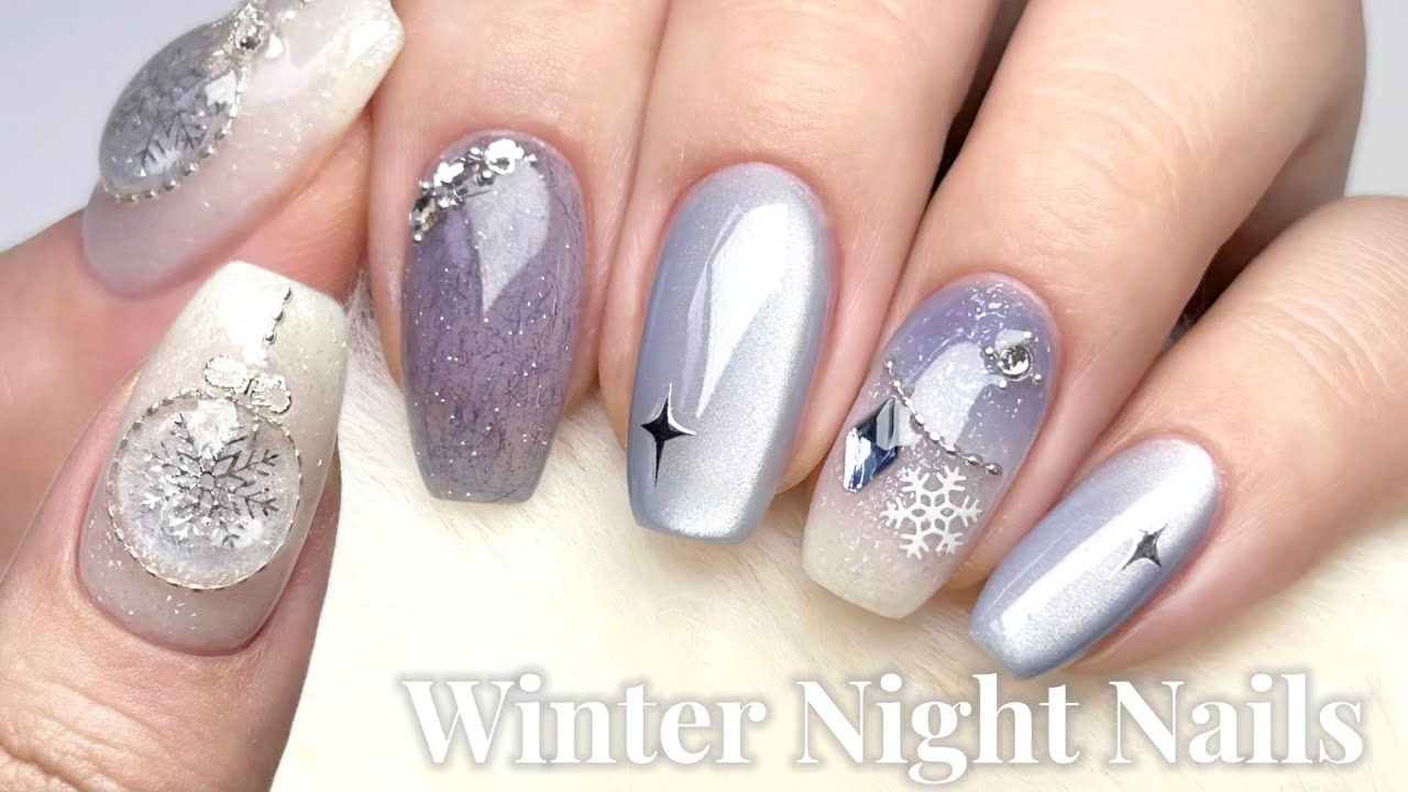sub)❄️겨울밤 하늘 자석 네일🌌 | 영롱한 스노우볼 아트 꿀팁, 짧은 손톱 스톤 아트 | 짧은 손톱 셀프네일, 숏네일, 네일ASMR, selfnail, nailart