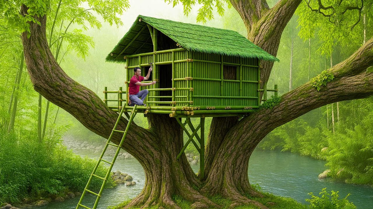 Man Builds a Bamboo House on a Big Tree by the Stream - Survival Alone