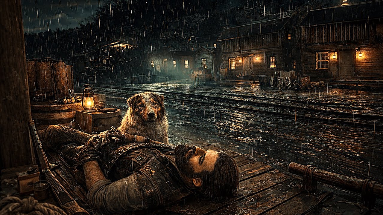 Cozy Rain & Lightning: Lonely Cowboy with Dog Camping in Rain Soaked Train Station | RDR2 Rain ASMR
