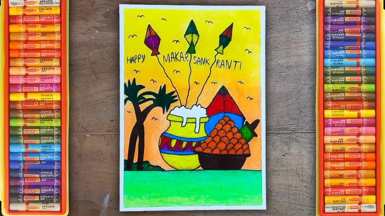 How to draw Makar Sankranti Drawing for Beginners With Oil Pastel Makar Sankranti Drawing