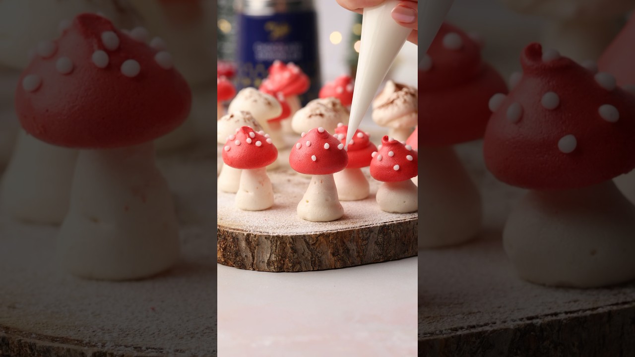 How to make festive meringue mushrooms 🍄🎄Recipe: Jessiebakescakes.com #meringue #christmas #baking