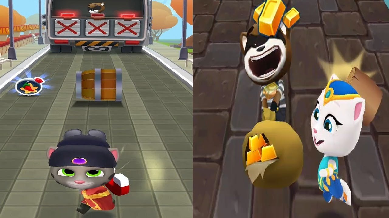 Talking Tom Gold Run Chinese Version Fortune Tom VS Genie Angela Boss Fight VS Raccoon  Gameplay
