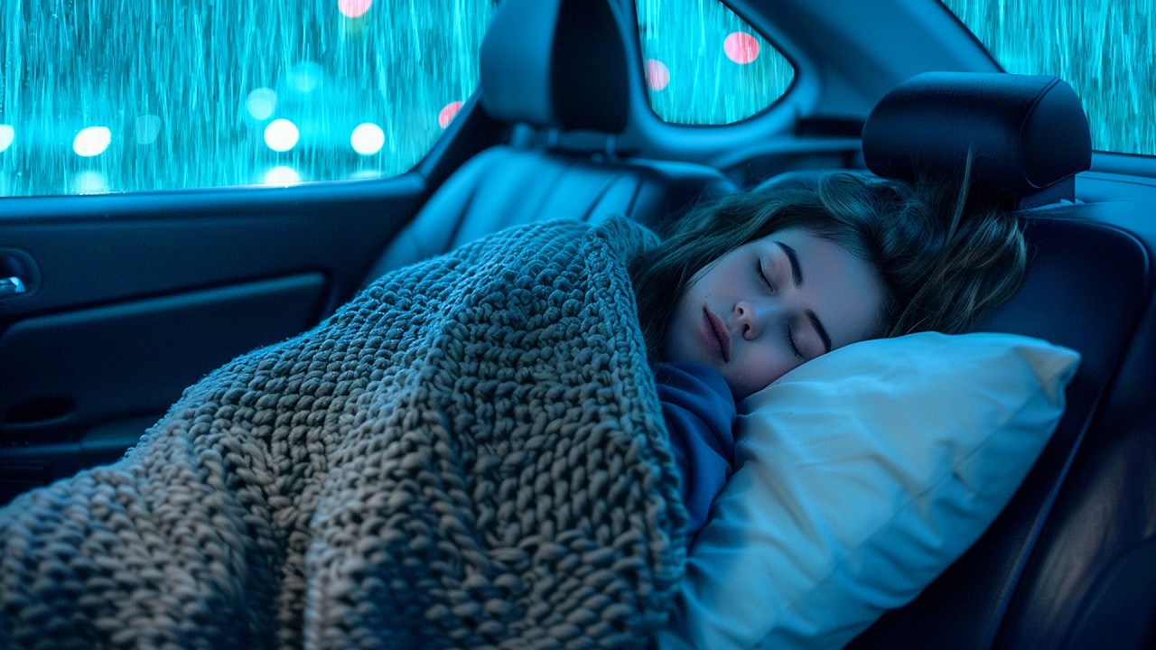 Relieve Insomnia with Heavy Rain & Thunder in the Car on a Quiet Street at Night