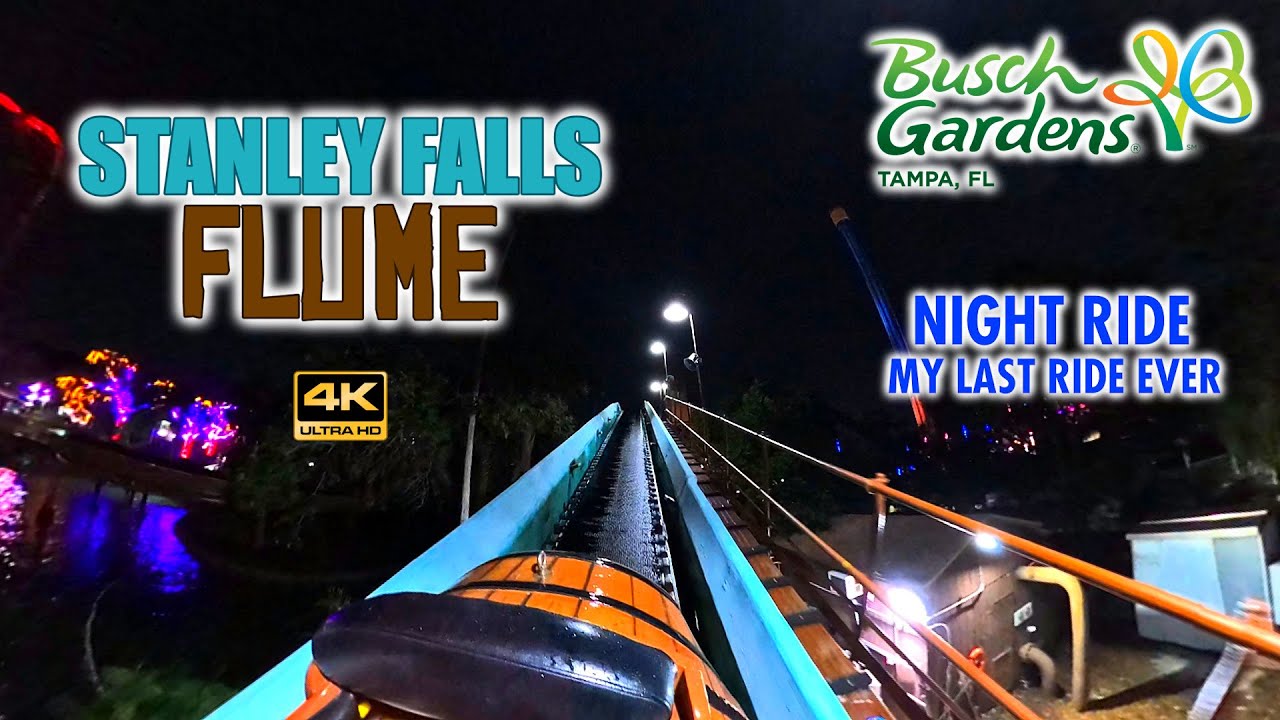[4K] Stanley Falls Flume - Classic Log Ride at Night | On-ride POV | Busch Gardens Tampa Bay