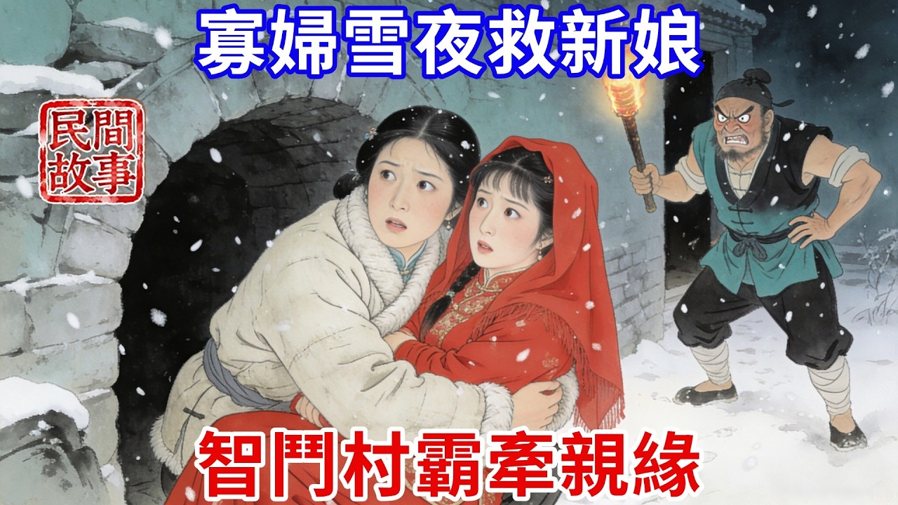 大雪夜，寡婦聽到屋外有動靜，竟見個穿嫁衣的新娘，把她藏到自家地窖，村裏惡霸跑來尋人，把惡霸騙走後給新娘換了身衣服，幫她指路逃出村莊，3天後寡婦房門被敲響，打開門少女笑道：跟我走，我給你養老！#民間故事