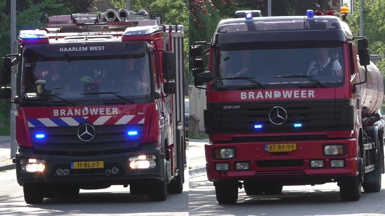 Waterwagens en Tankautospuit Brandweer Haarlem West met spoed naar een Middelbrand in Haarlem
