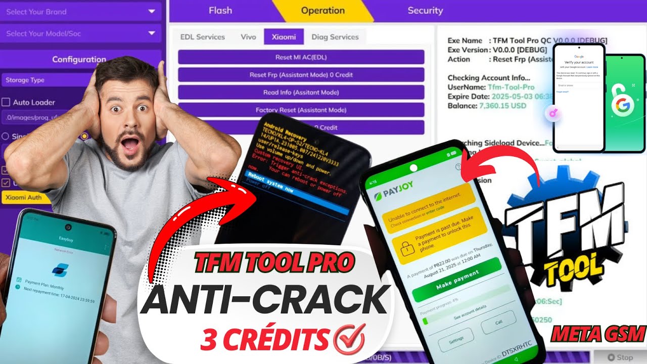 TFM TOOL DEBLOQUER ANTI-CRACK 3 CREDITS , PAYJOY , PLUGING SECURITY , FRP , MDM TECNO-INFINIX-ITEL