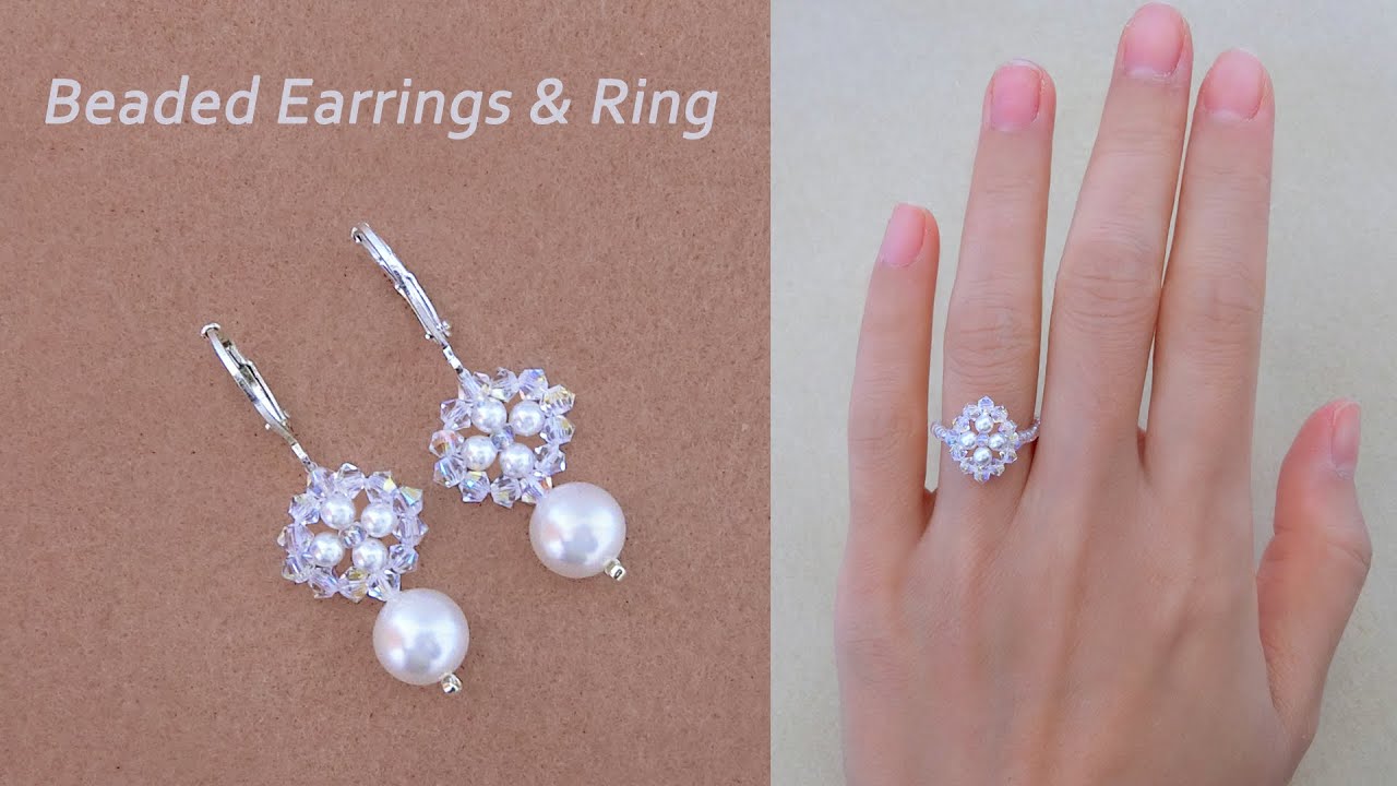 DIY Classic White Pearl and Crystal Bicone Beaded Earrings & Beaded Ring. How to Make Beaded Jewelry