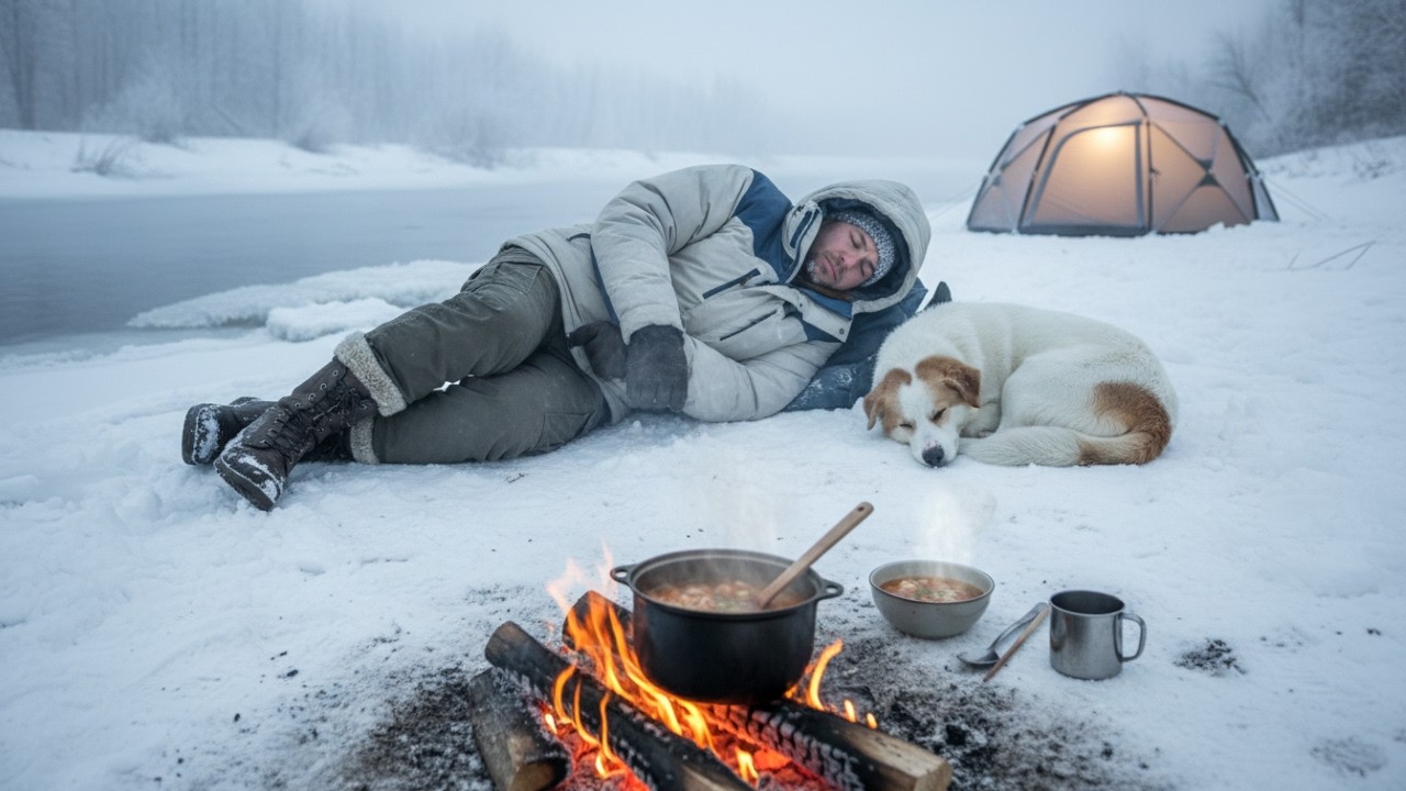 −10°C Frozen River Camping with My Dog · Four-Season Inflatable Hot Tent · Hot Soup ASMR