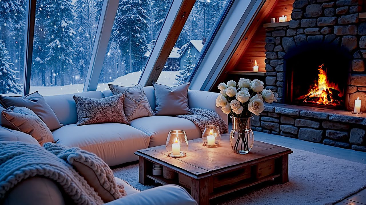 Winter Piano in a White Room ❄️ Snowy Window View & Fireplace Ambience for 5 Hours | Chill Study