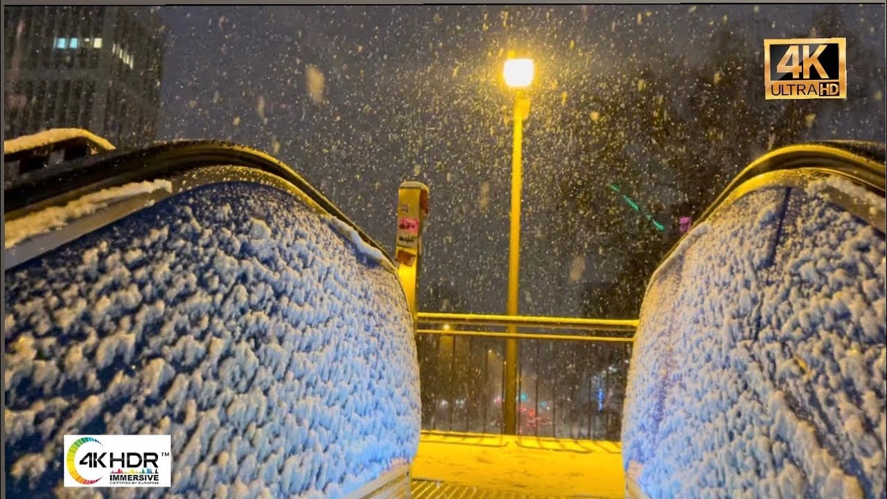[4K HDR] Night Snowing Walk at Hamburg. Mundsburg District. Germany