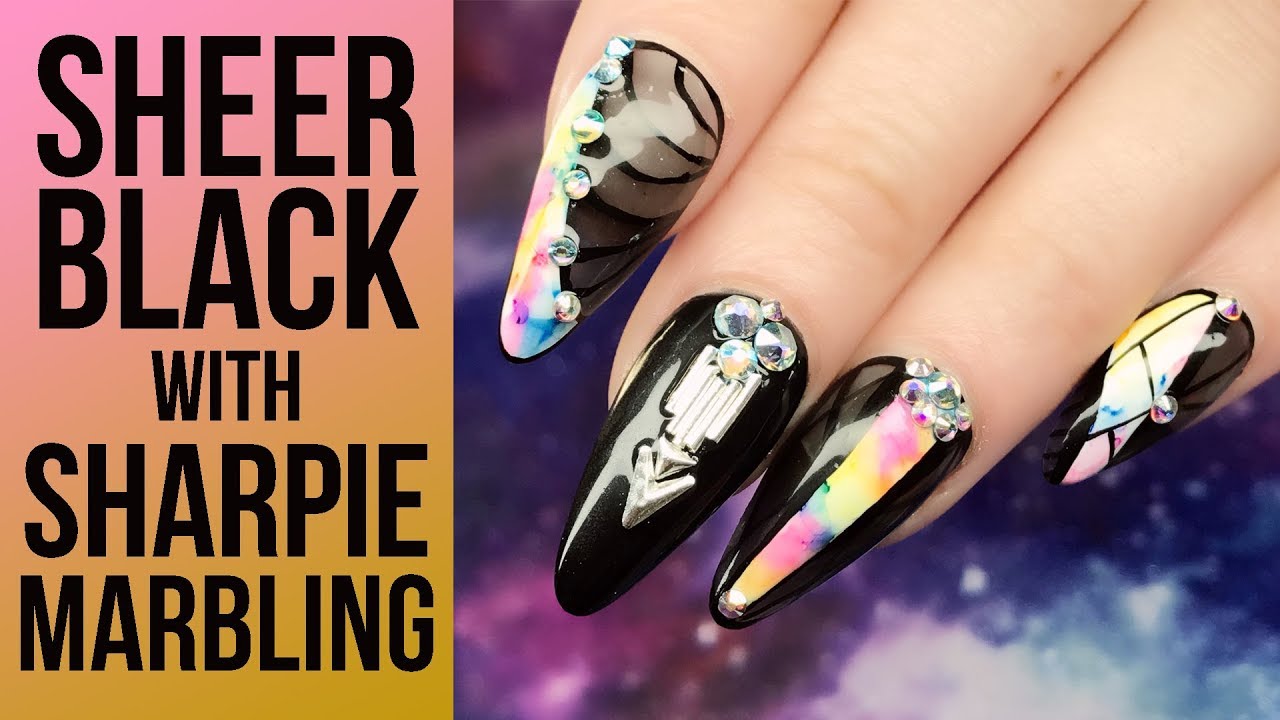 Sheer Black Acrylic Full Look with Marbled Sharpie Design - Inspired by Instagram Nail Artist