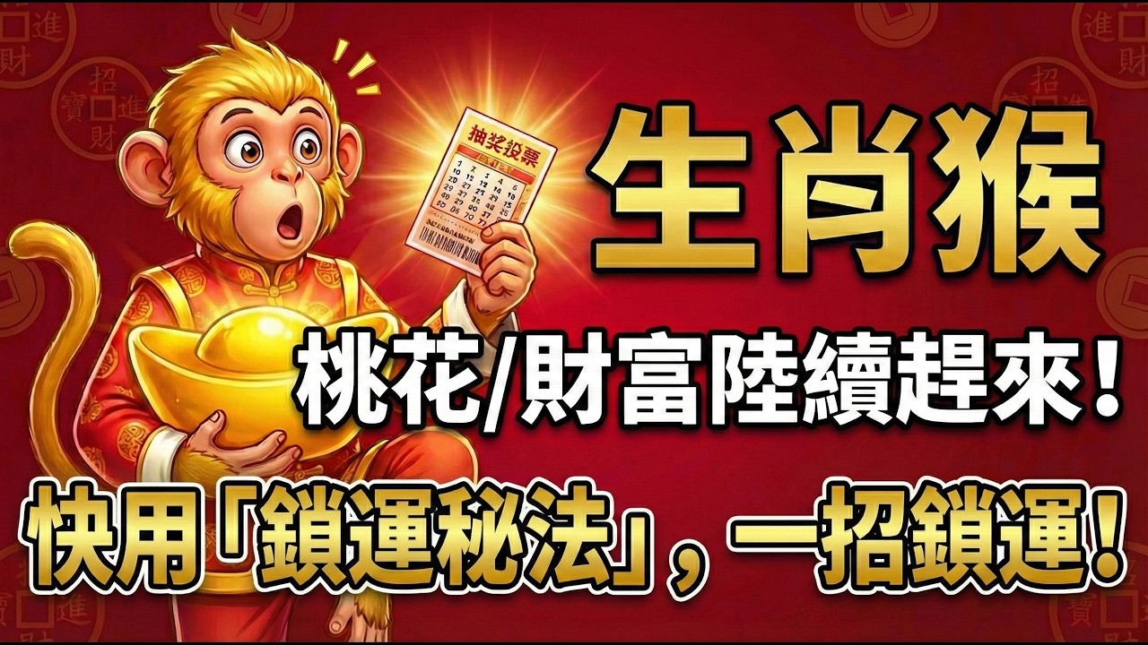 屬猴人注意！新年後「最強桃花/財富潮」陸續趕來！教你一招「鎖運秘法」，把一整年的好運都鎖住！#2026生肖猴运势 #属猴2026运势 #财运爆发 #生肖猴 #贵人運 #招财风水 #转运秘法 #丙午馬年