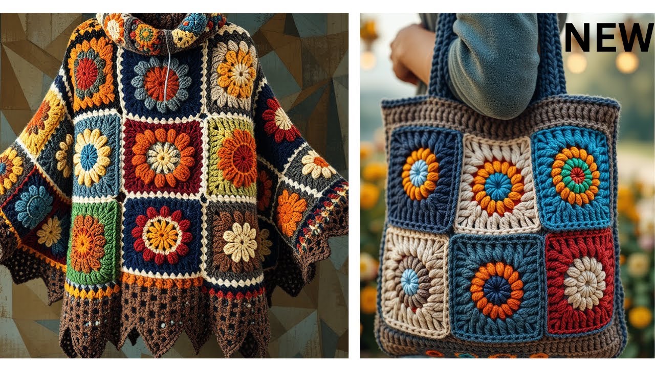 Matching Crochet Poncho and crochet granny square bags design Crochet ponchos granny square bag 2025