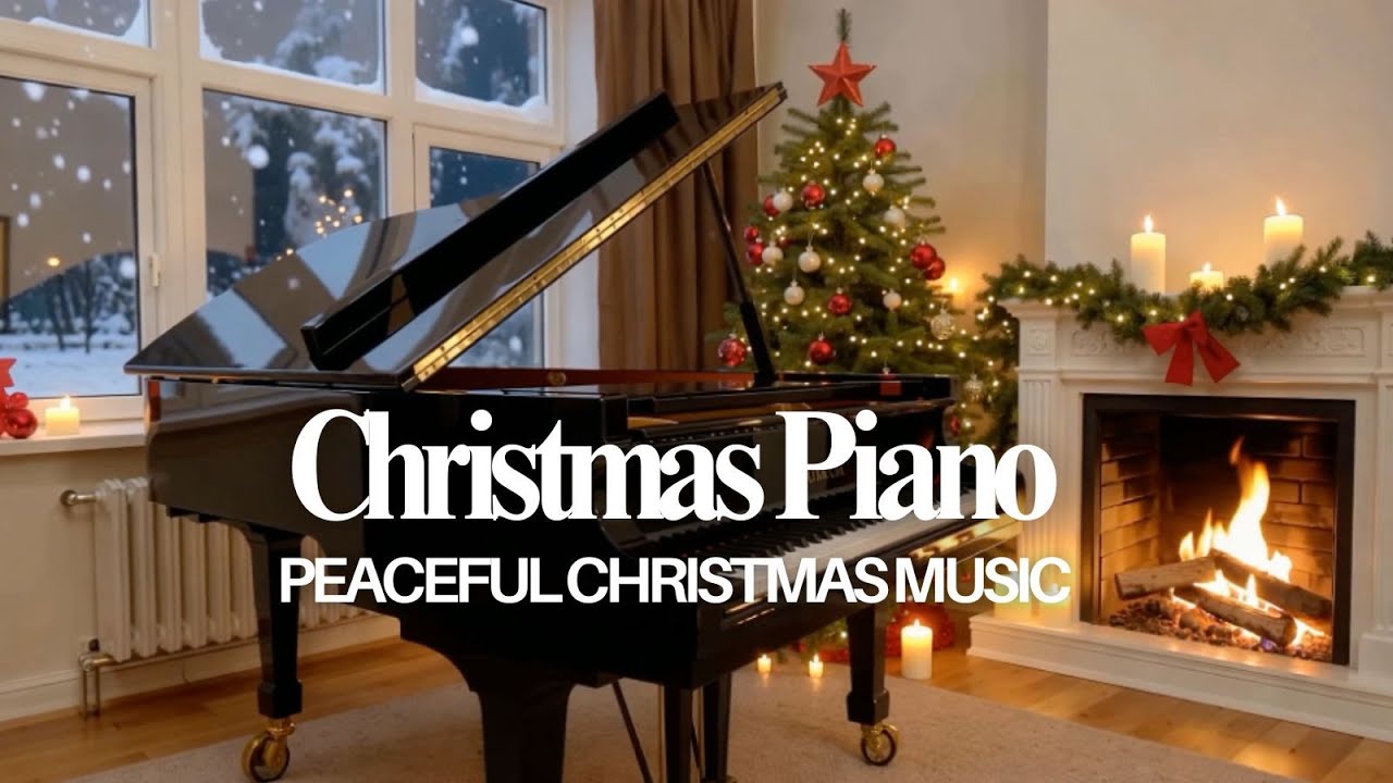 Relaxing Christmas Piano Ambience Music – Cozy Fireplace, Soft Snow, and Instrumental Carols