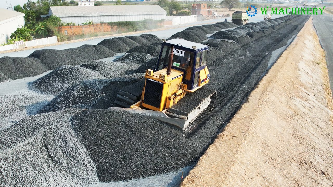 Wonderful Komatsu Dozer Spreading Gravel Installing New Roads | Dozer Leveling Gravel Processing