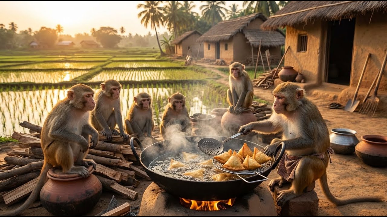 The Monkeys in the Countryside Cook Samosas from Start to Finish Monkey Cooking Village Documentary