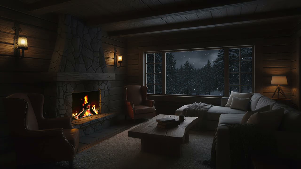 Soft Snowfall Outside a Cozy Forest Cabin | Crackling Fire & Calm Winter Ambience
