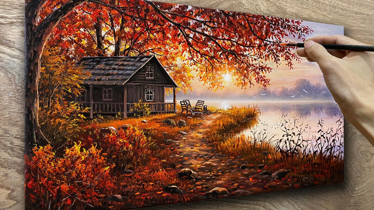 Painting a sunrise scene / Morning landscape with a house next to the lake / Acrylic painting.