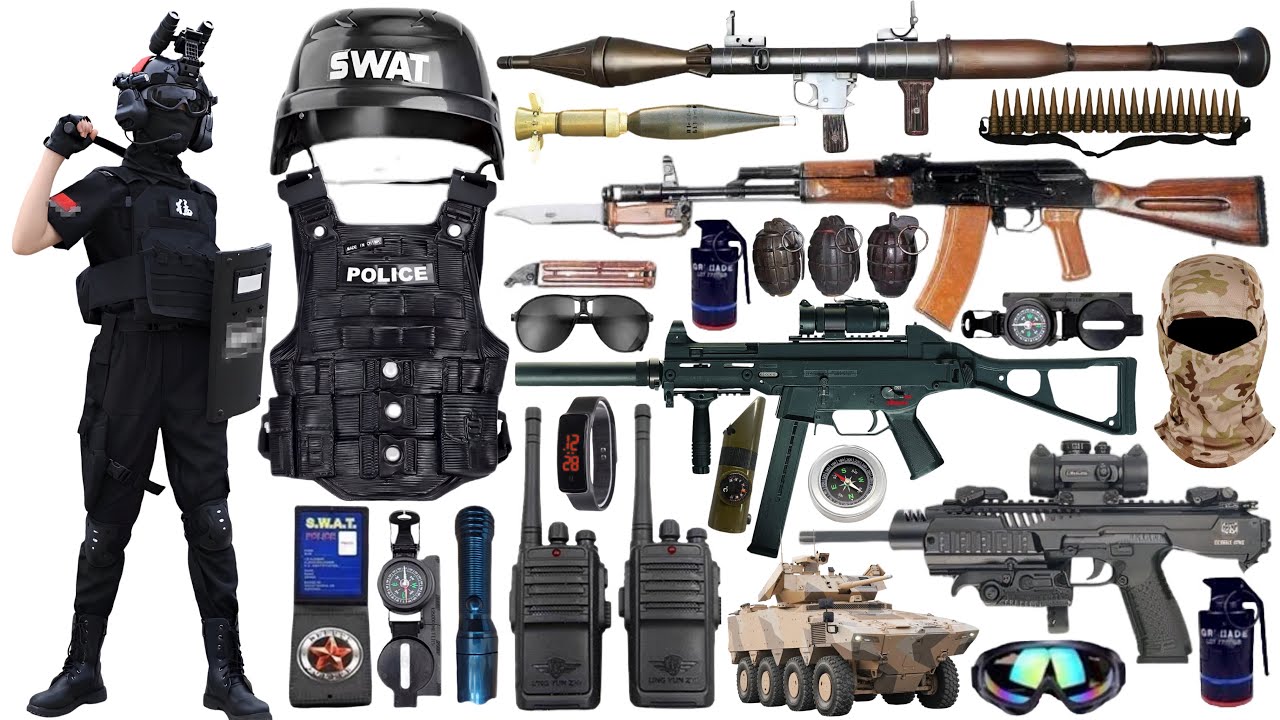 Unboxing collection of special forces toy guns: assault rifles, submachine guns, and Glock pistols