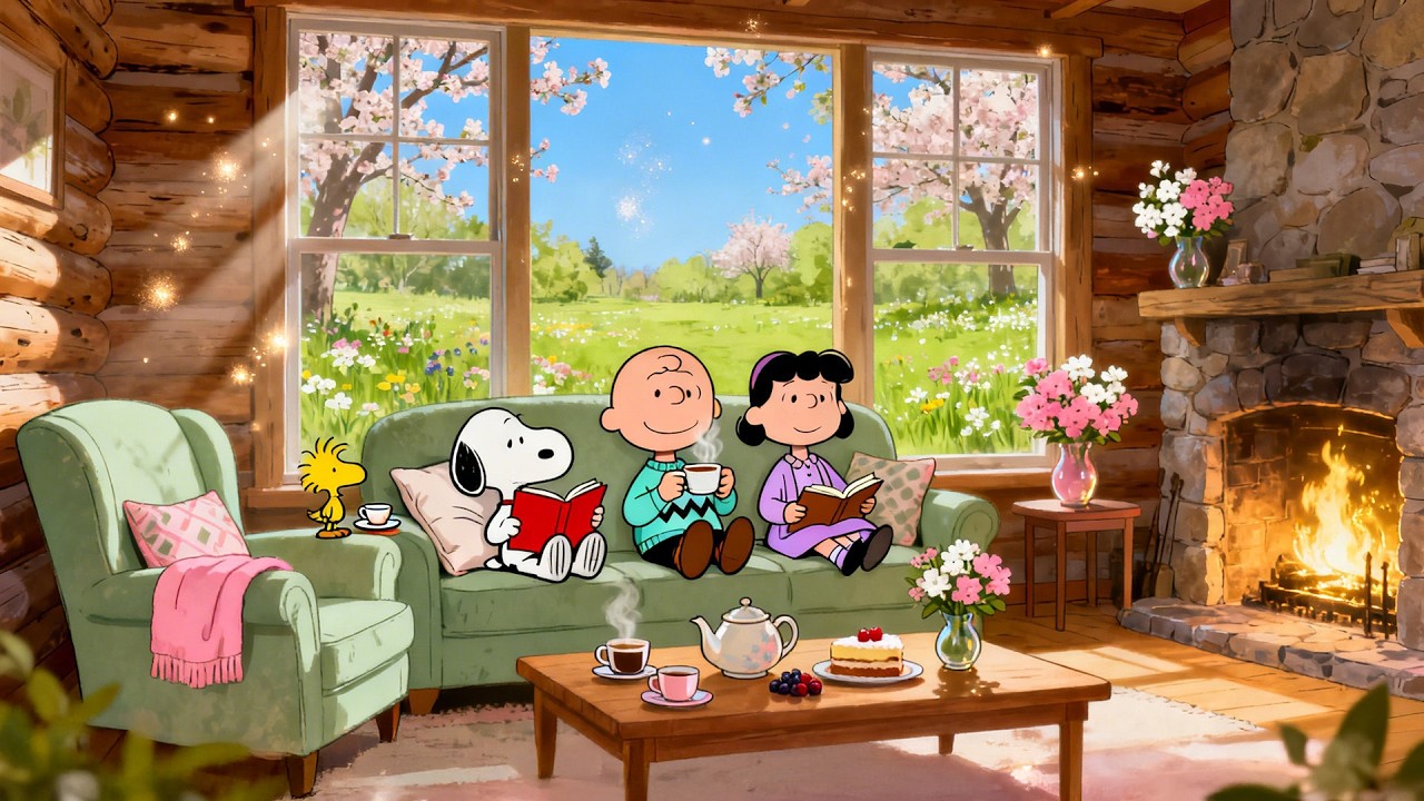 Cozy Spring Cabin Morning with Snoopy & Friends 🌸🔥 Lofi Beats for Focus & Relax