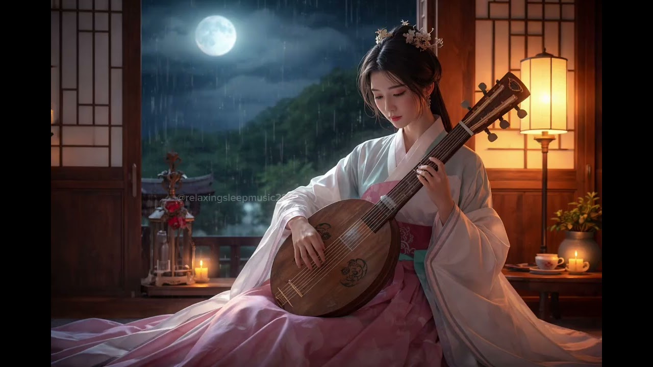 “Korean Moonlight Lullaby 🌙 Relaxing Gayageum & Rain Sounds