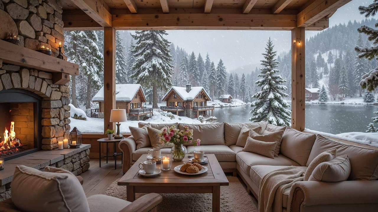 Peaceful Lakeside Porch on a Winter Ambience ❄ Smooth Piano Music, Fireplace Sound for Calm