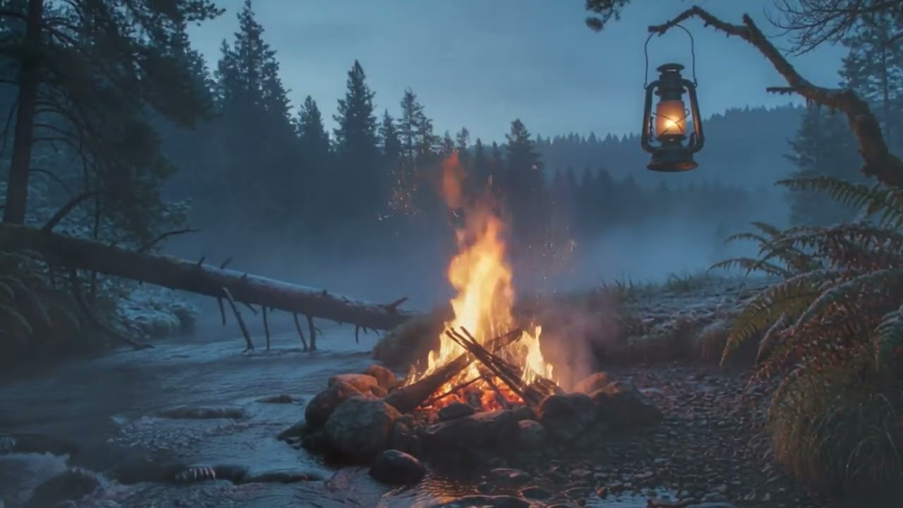 Silent Winter Night | Campfire & Water Sounds for Relaxation Deep Sleep Winter Ambience | Campfire